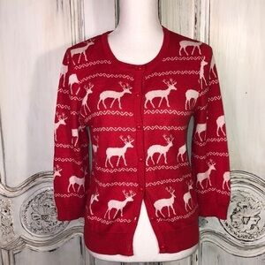 Forever 21 Festive Vintage Look Reindeer Print Red And White Cardigan Sweater